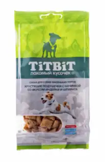 TiTBiT лакомство для собак маленьких пород Хрустящие подушечки с начинкой со вкусом индейки и шпината