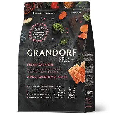 Grandorf FRESH сухой беззерновой корм для взрослых собак средних и крупных пород с живыми пробиотиками, лосось с бататом